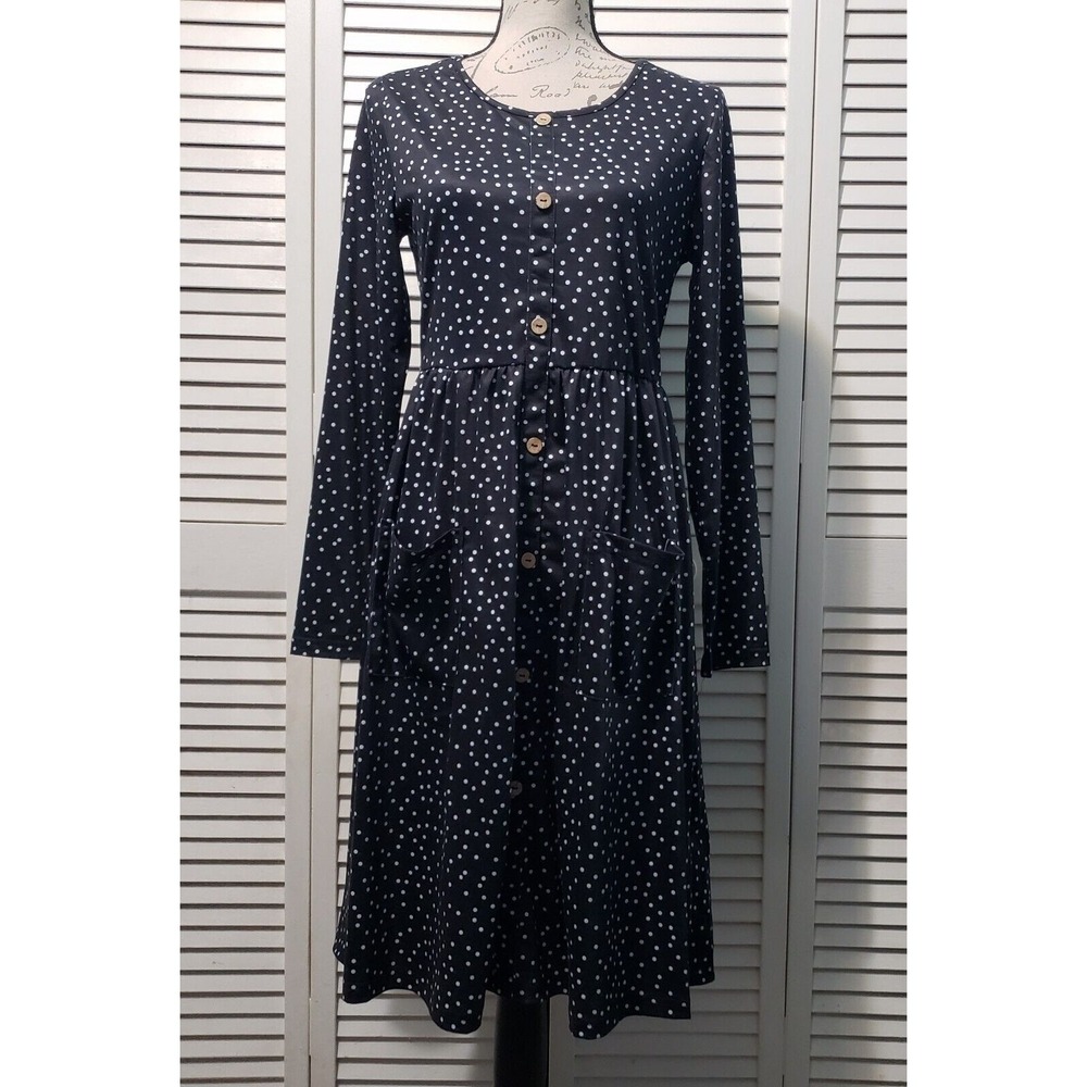 Kilig Polka-dot Midi Dress Women's Black Medium Long Sleeve‎ Faux Button Pockets